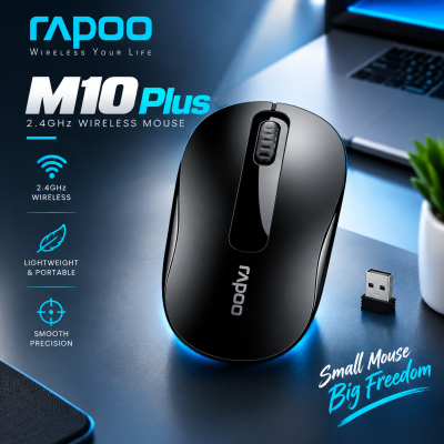RAPOO M10 Plus 2.4GHz Wireless Optical Mouse – 1000 DPI Tracking, Ambidextrous Ergonomic Design, Nano USB Receiver & Up to 12-Month Battery Life